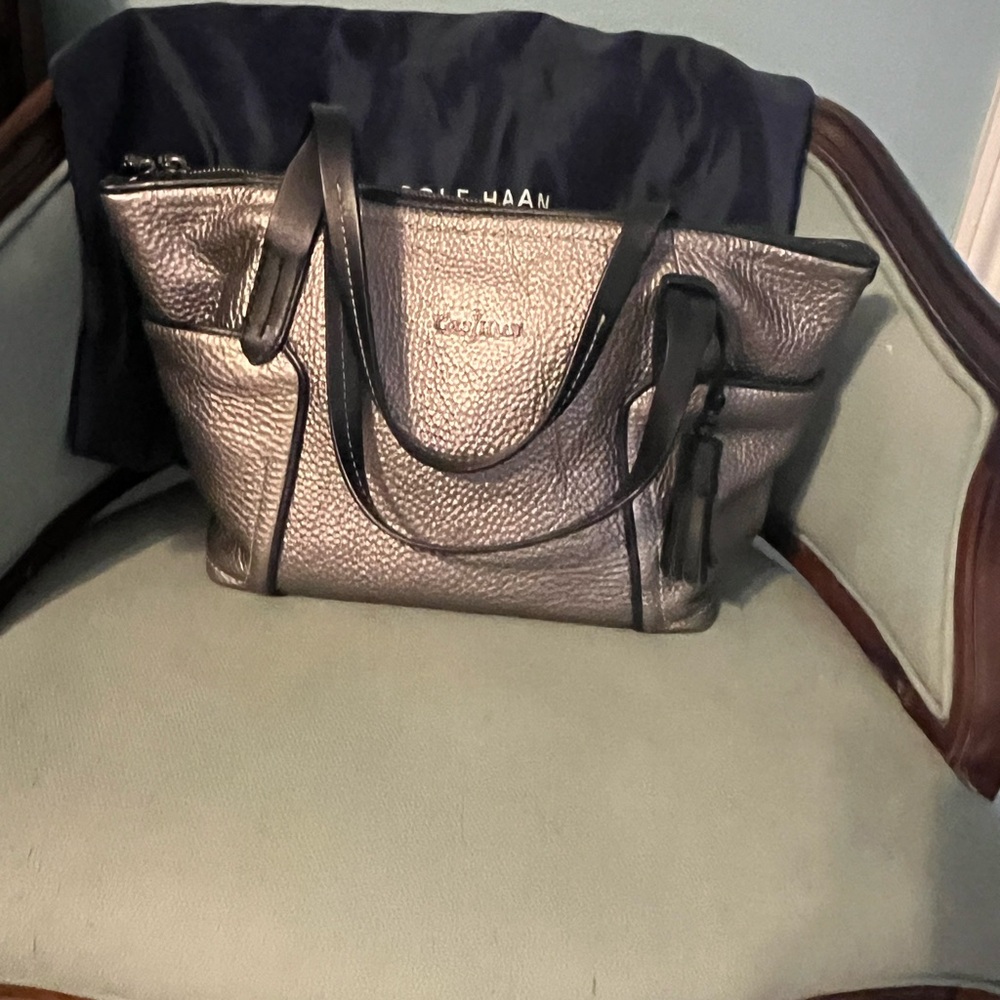 Cole Haan Metallic Pewter Pebbled Leather Tote - Black Handles